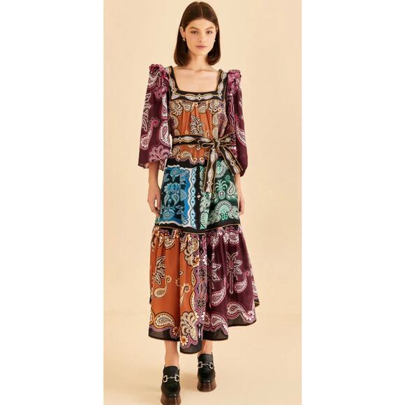 Farm Rio NWT Multicolor Sweet Mermaids Midi Dress Salt Island Beaded Tiered S - Picture 1 of 16